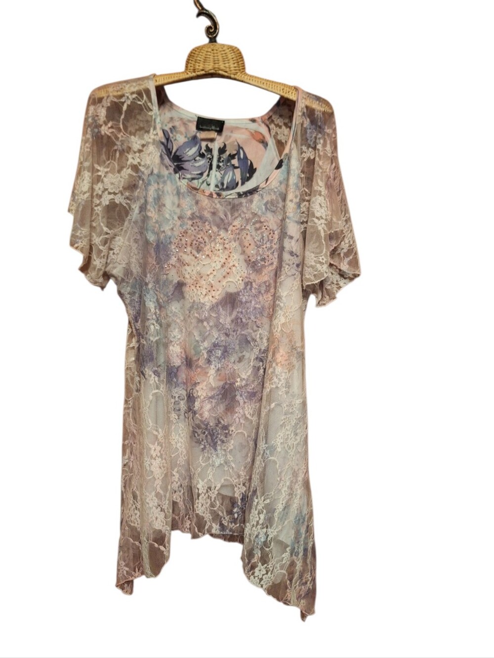 Brittany Black Pastel Lace Floral Tunic Fairy core Asymmetric Hem Ladies XL USA